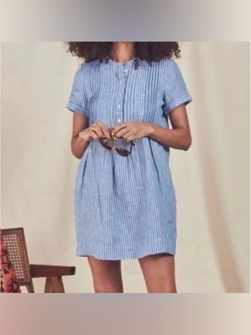 Faherty Gemina 100% Linen Mini Shirt Dress Pintuck Striped Blue White Size Small